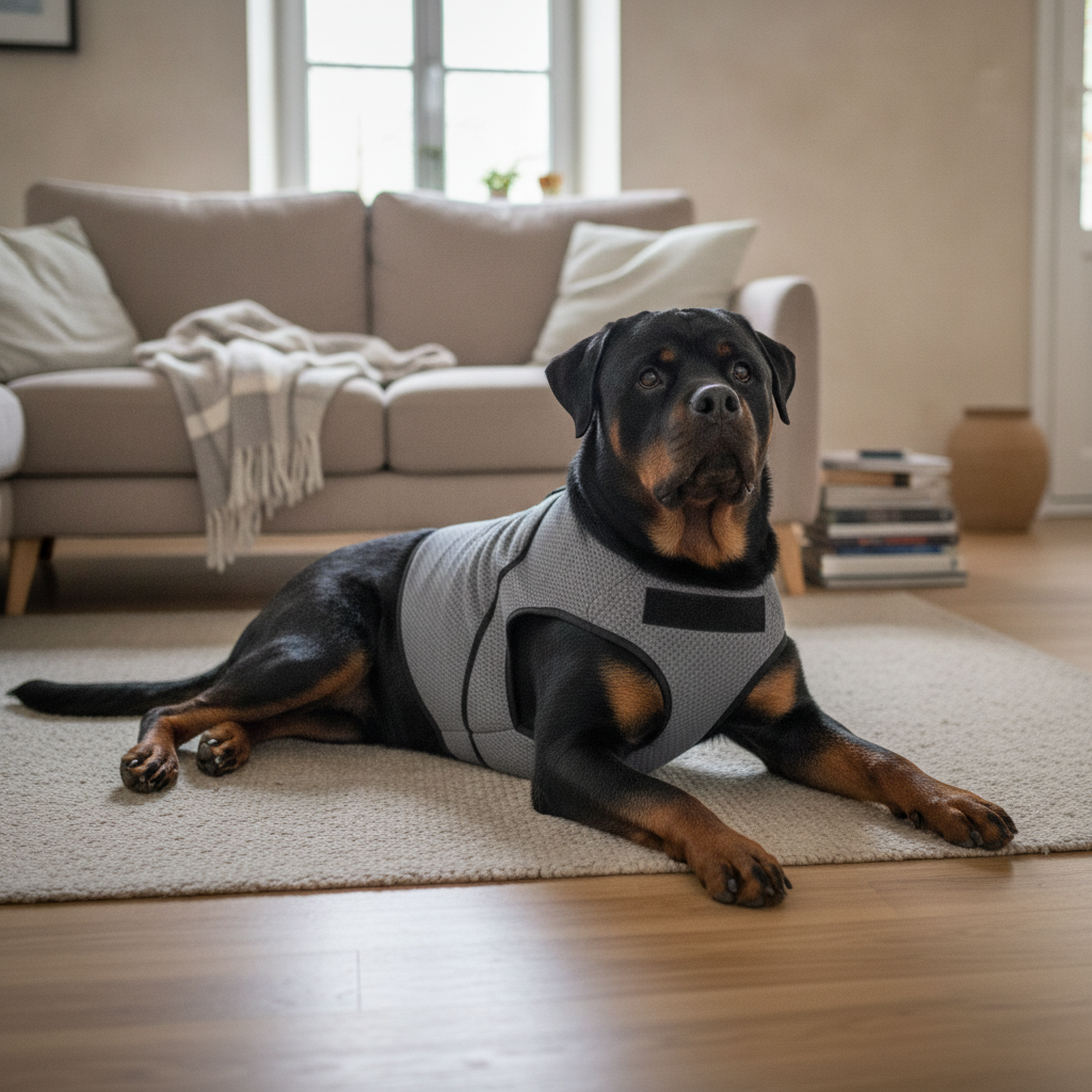 YouToo, notre rottweiler, allongé au salon avec son gilet apaisant gris