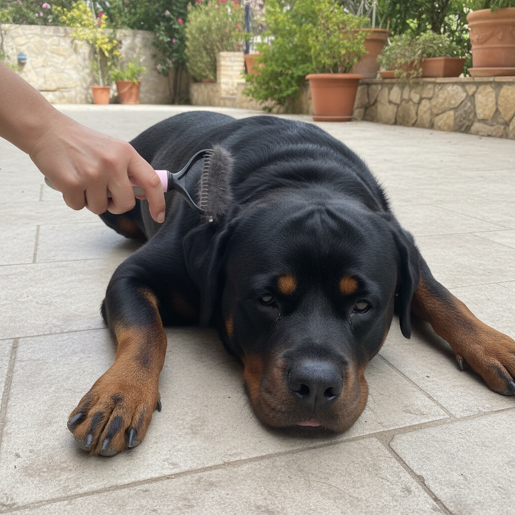 YouToo, rottweiler, allongé et détendu sur la terrasse pendant qu'on le brosse avec la brosse démêlante