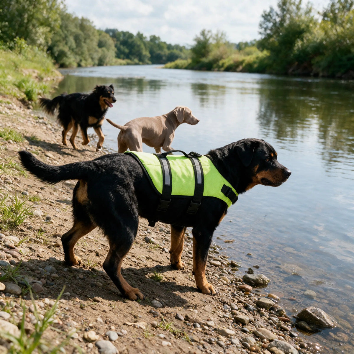 Rocky, le rottweiler de notre fille, au bord de la rivière avec son gilet de sauvetage vert, près des autres chiens