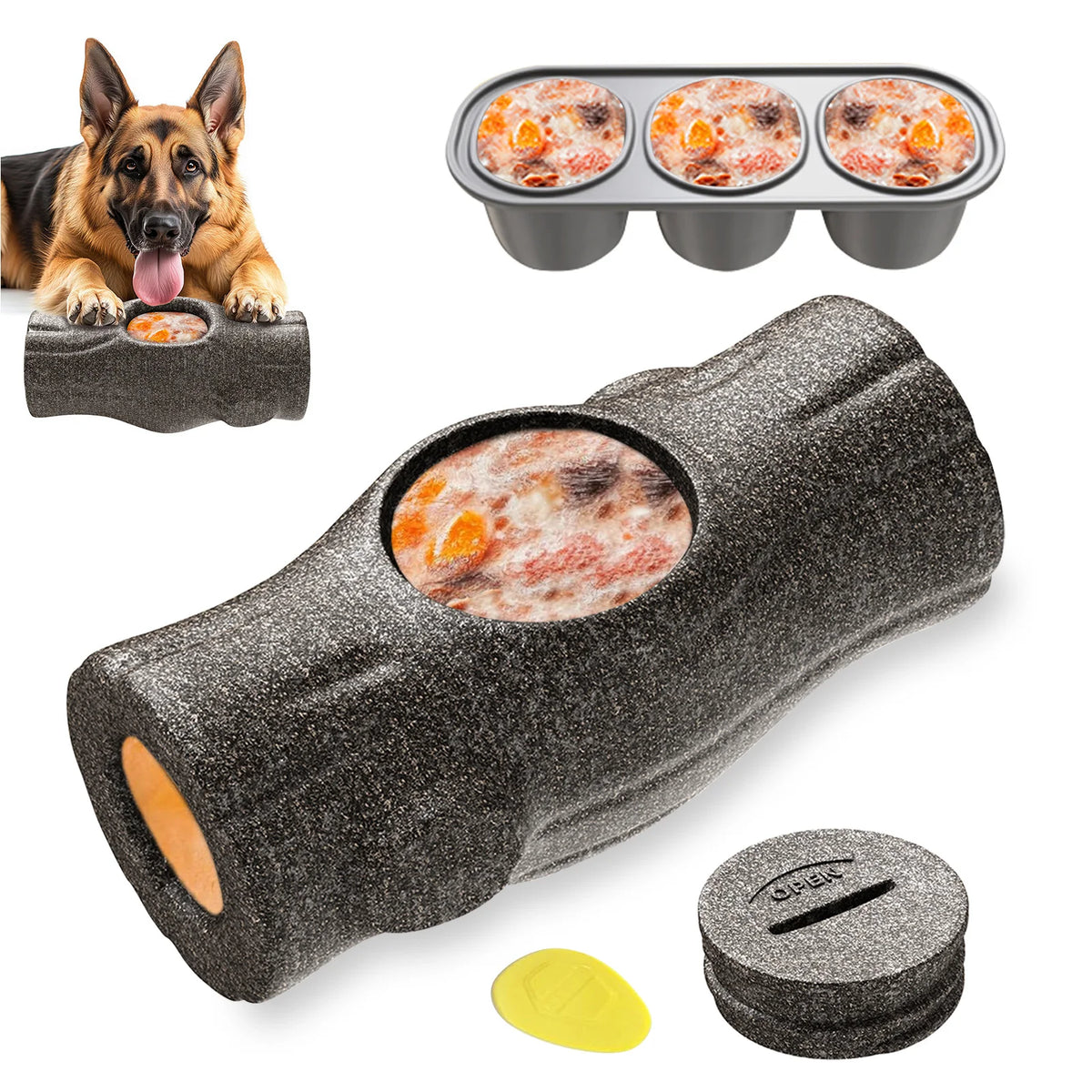 Bûche à garnir pour chien, garnie de pâtée, avec ses pots à congeler