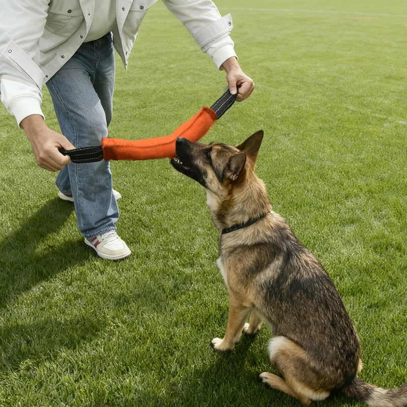 Chien et son humain jouent ensemble avec le boudin à tirer orange