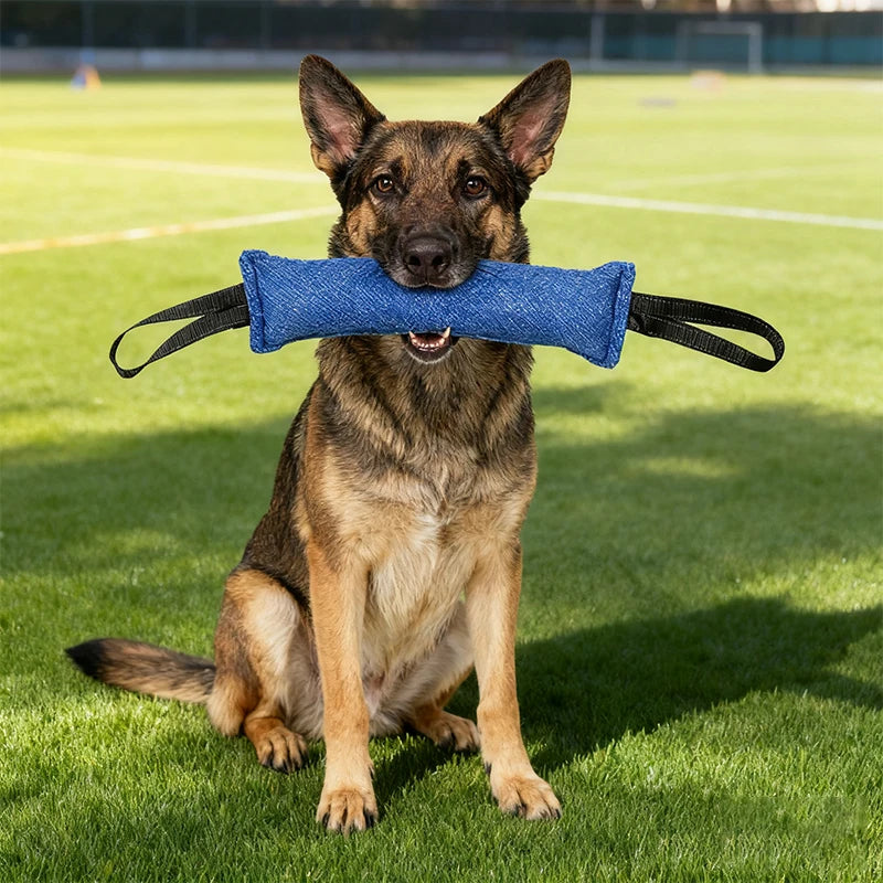 Chien assis qui tient le boudin à tirer bleu dans la gueule
