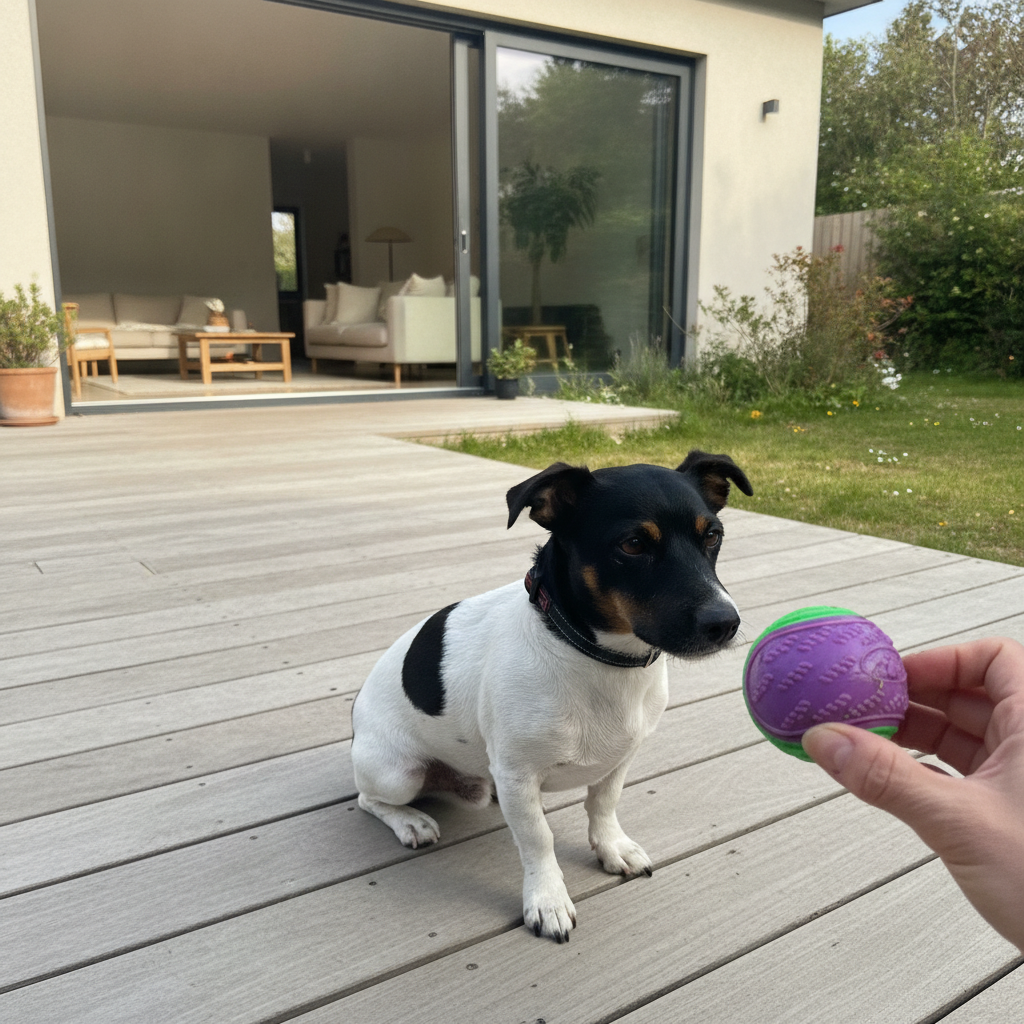 Speedy assis sur la terrasse, attentif à la balle couineuse qu'on lui tend