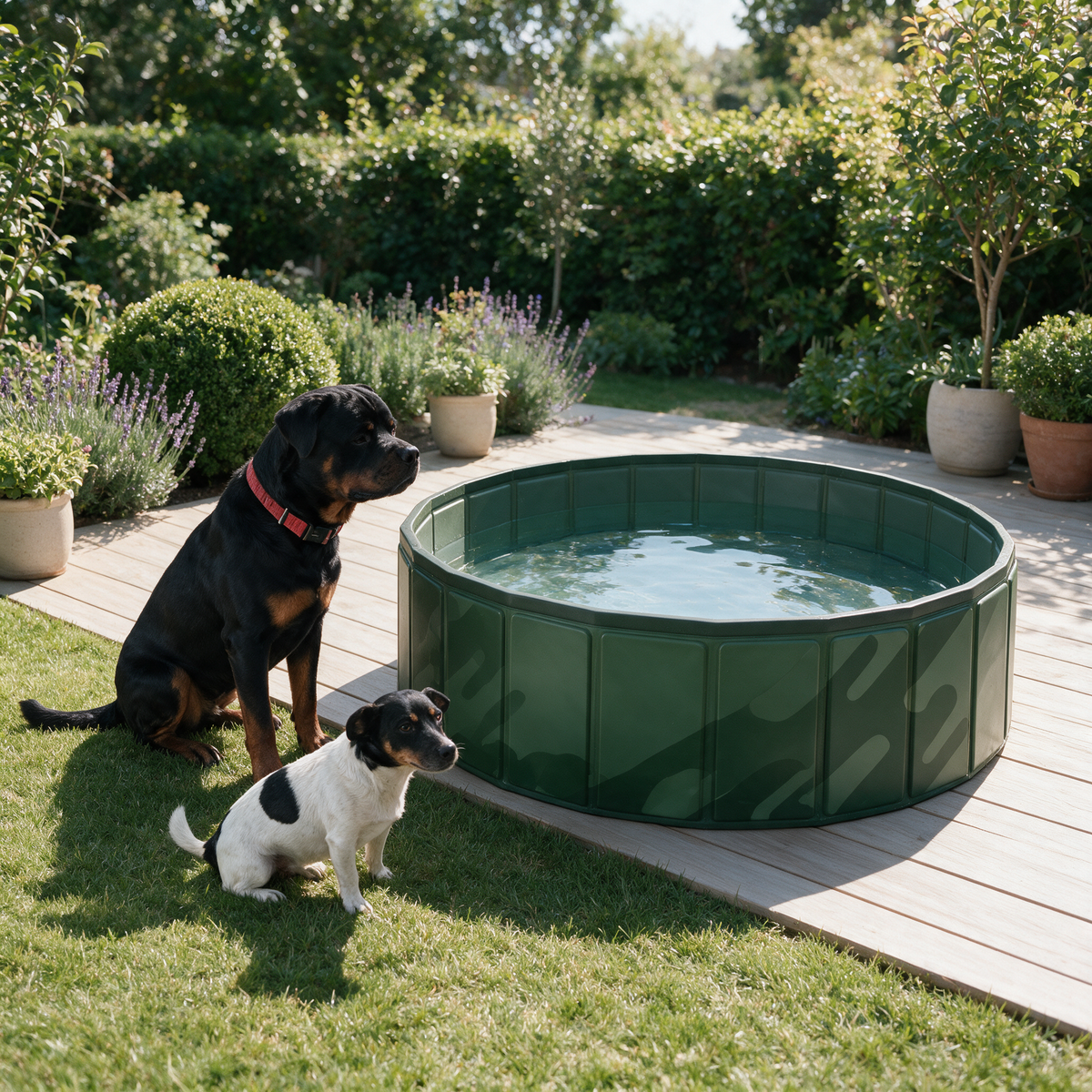 YouToo et Speedy assis dans le jardin à côté de la piscine pliable verte remplie d'eau