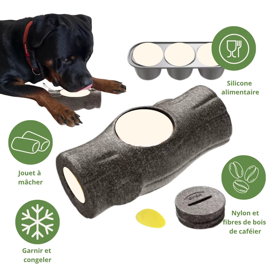 La bûche à garnir en détail : jouet à mâcher, à garnir et à congeler, pots en silicone alimentaire, nylon et fibres de bois de caféier