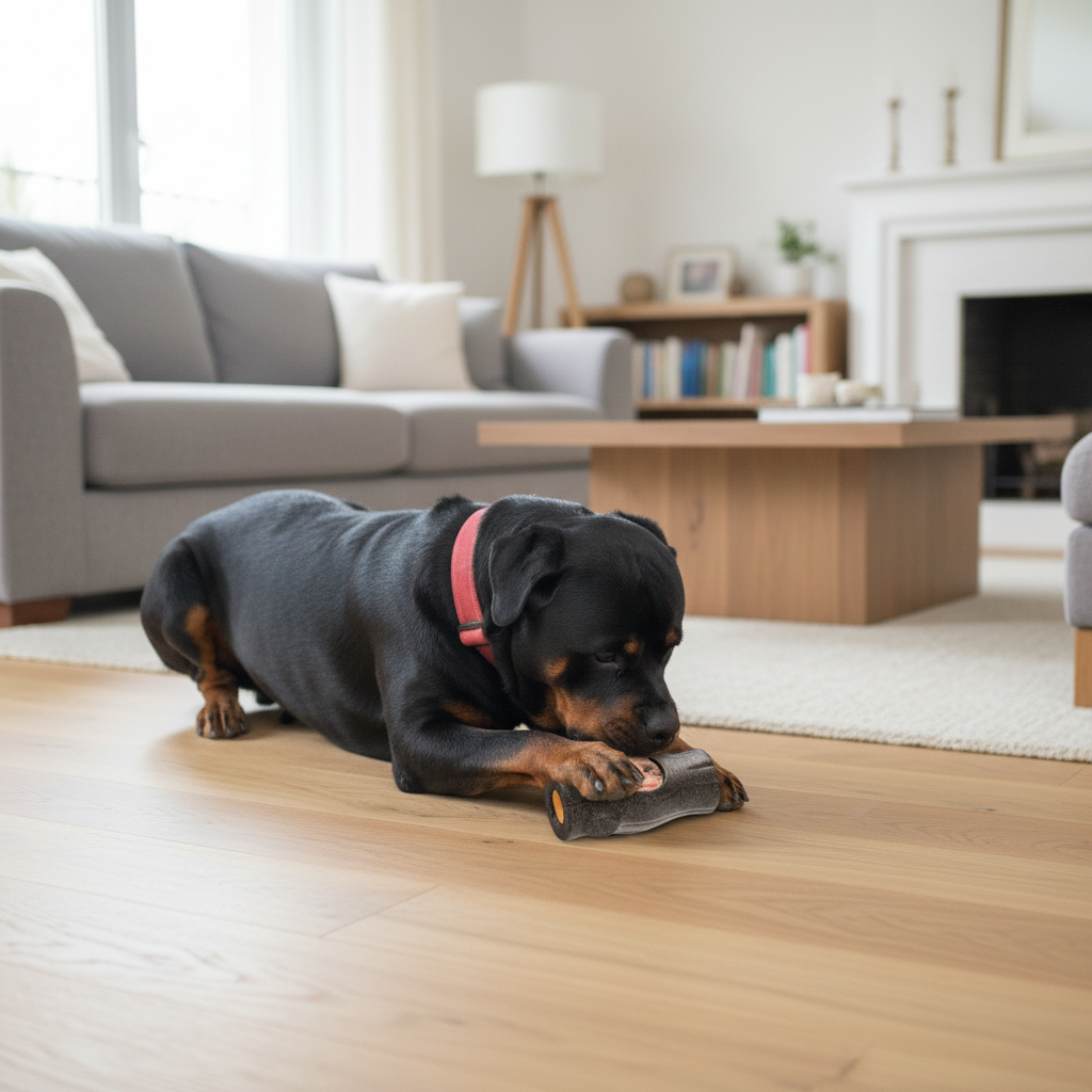 YouToo, rottweiler, allongé dans le salon, lèche la bûche à garnir tenue entre ses pattes