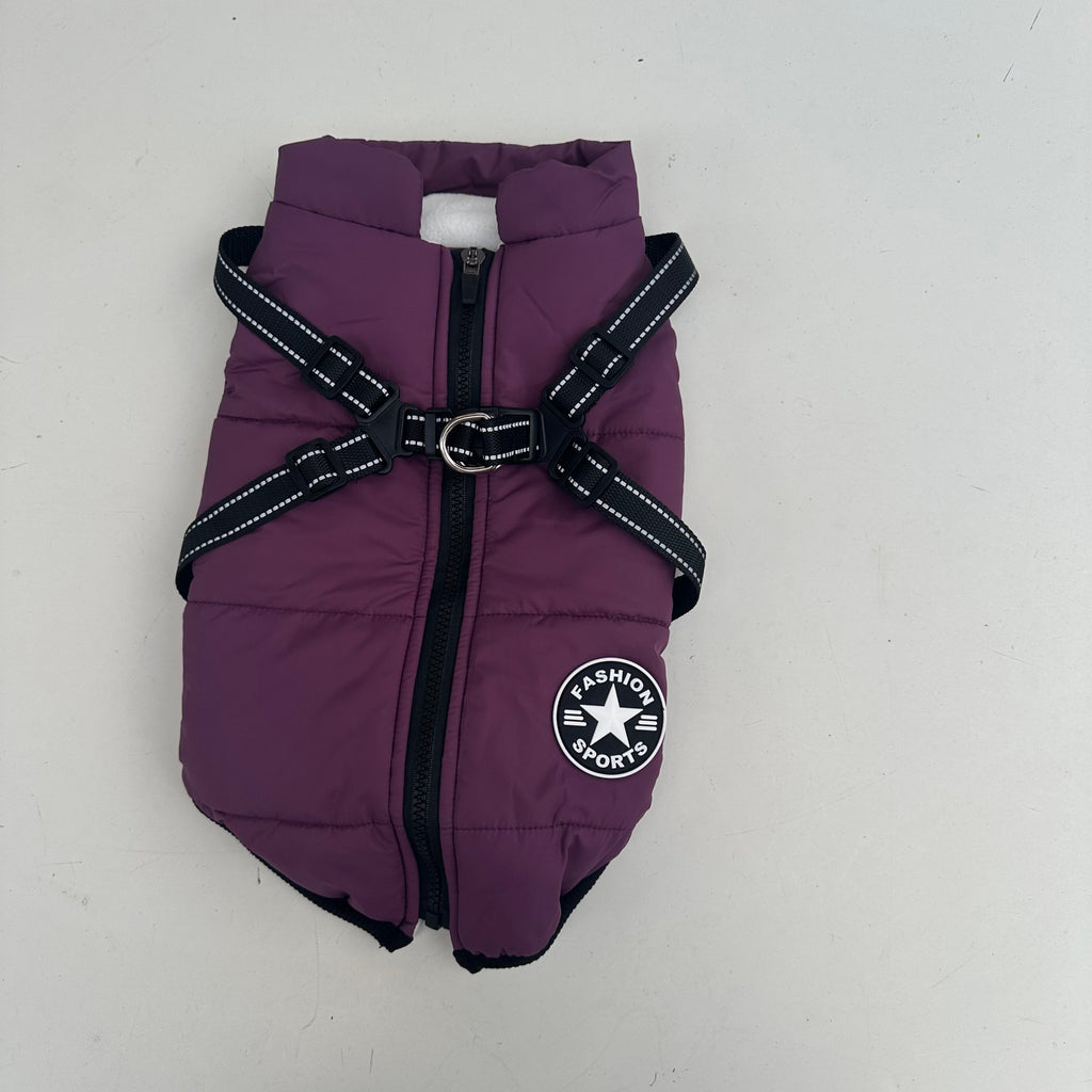 Manteau violet à harnais intégré, vu de dessus, fermeture éclair et anneau pour la laisse