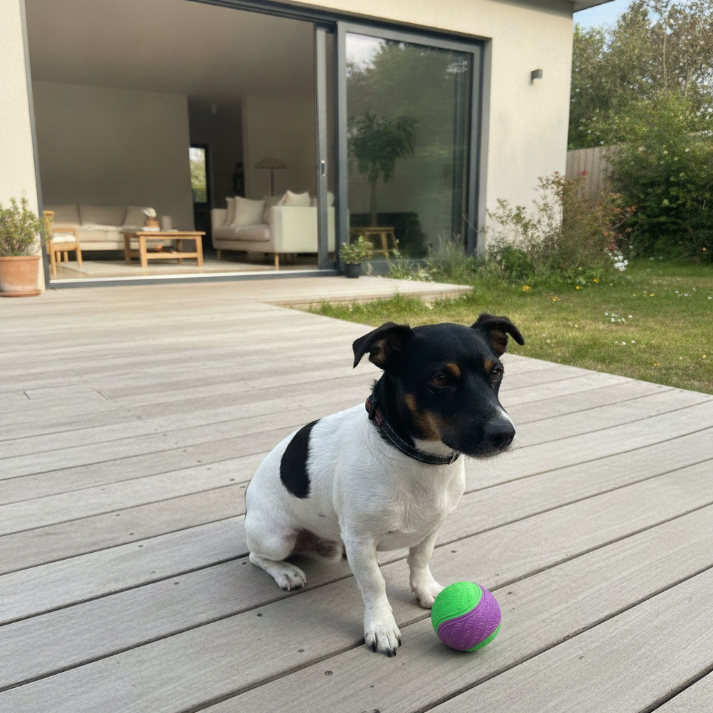 Speedy assis près de la balle couineuse, après le jeu
