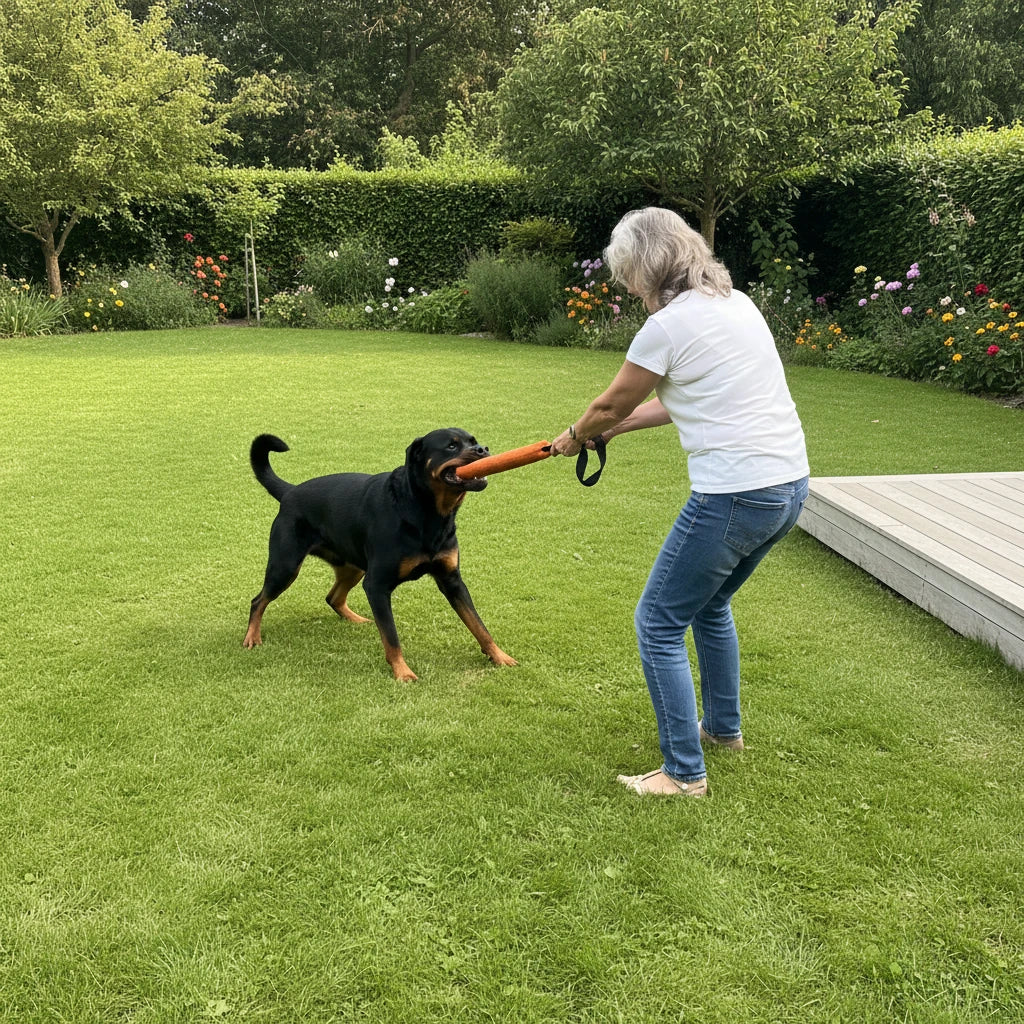 YouToo, rottweiler, joue au jeu de tir avec le boudin orange tenu par sa maîtresse