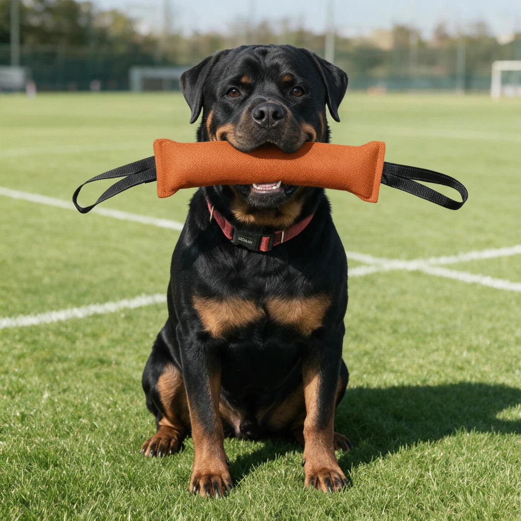YouToo, rottweiler de 50 kg, assis avec le boudin à tirer orange et ses deux poignées dans la gueule